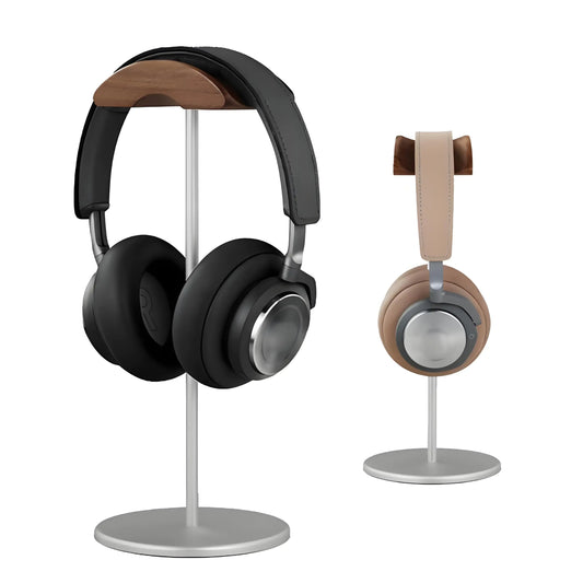 BEVCEFCC Headphone Stand Headset Holder with Wood and Aluminum Desktop Headphone Stand Headset Stand for Desk with Solid Heavy Base Wood Headphones Stand for All Headphone Sizes (Silver)