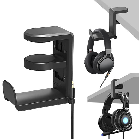Bysimilai Headphone Holder Under Desk Gaming Headset Headphone Hook Hanger Hook Headphone Stand with 360-Degree Adjustable Rotating Arm Clamp- Built in Cable Clip Organizer-Black